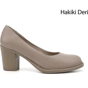 Kadın Bej Orta Kalın Topuklu Hakiki Deri Ayakkabı