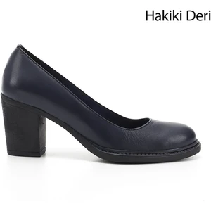 Kadın Antik Lacivert Orta Kalın Topuklu Hakiki Deri Ayakkabı
