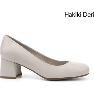 Kadın Antik Bej Küt Burun Orta Kalın Topuklu Hakiki Deri Ayakkabı