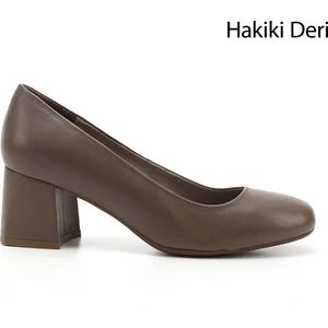 Kadın Vizon Küt Burun Orta Kalın Topuklu Hakiki Deri Ayakkabı