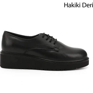 Kadın Siyah Bağcıklı Dolgu Taban Hakiki Deri Ayakkabı