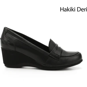 Kadın Siyah Dolgu Taban Hakiki Deri Loafer Ayakkabı