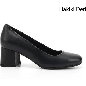 Kadın Lacivert Küt Burun Orta Kalın Topuklu Hakiki Deri Ayakkabı