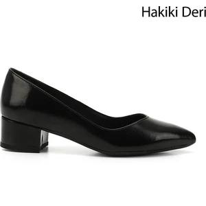 Kadın Siyah Rugan Kısa Kalın Topuklu Hakiki Deri Ayakkabı
