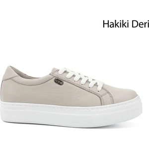 Kadın Antik Bej Bağcıklı Dolgu Taban Hakiki Deri Sneaker