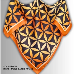 Turuncu Eşarp Ipeksi Twill Saten Kumaş Yaşam Çiçeği Desenli