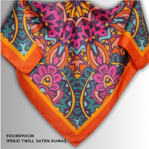 Pozitif Marka Turuncu Eşarp Ipeksi Twill Saten Kumaş Mandala Desenli 90CMX90CM
