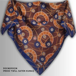 Pozitif Marka Kahverengi Eşarp Ipeksi Twill Saten Kumaş Zincir ve Nazar Boncuğu Desenli