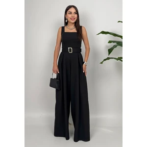 Noir Flow Kadın Siyah Kemerli Askılı Bol Paça Tulum – Zarif Şıklık
