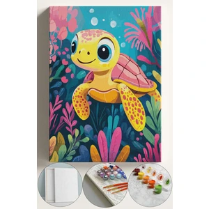 Sayılarla Boyama Çerçeveli Hobi Seti Numaralı Tuval Fırça Boya Dahil Kasnaklı 40X50 cm  Bebek Kaplumbağa