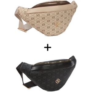 Kadın Desenli Çapraz Omuz Askılı Bel ve Omuz Çantası 2 Adet - Siyah - Bej  NEW345