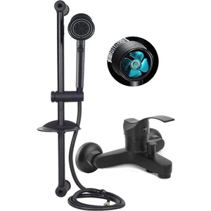Siyah Sürgülü Pervaneli Duş Başlıklı Banyo Duş Seti Mat Siyah Banyo Bataryası Garantili Musluk
