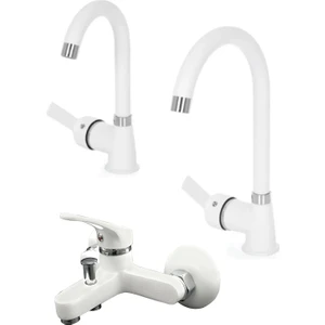 Beyaz Delta Banyo Lavabo Mutfak Batarya Musluk Seti Ara Musluk Pirinç Set