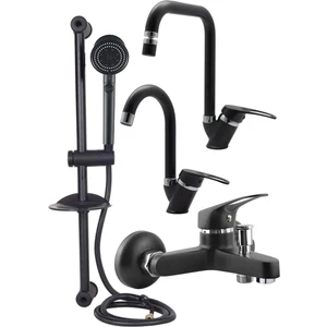 Siyah Sürgülü Duş Seti Mat Siyah 4 Parça Mix Banyo Duş Batarya Seti Garantili Musluk