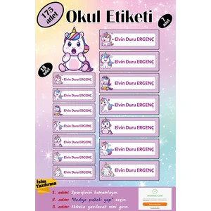 Ayza Tasarım Isme Özel Okul Etiketi Kalem Defter Etiketi Sticker Kız Çocuk Unicorn Figürlü Isim Etiketi Set-2