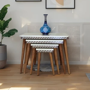 Evim Mobilya Lüks 1. Sınıf Mdf Oymalı 4’lü Zigon Sehpa Seti – Beyaz & Ceviz, Modern Tasarım