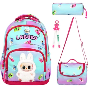 Labubu Oyuncak Bebek Desenli Üçlü Çocuk Ilkokul Okul Çantası Seti (Çanta Termal Beslenme Çantası Kalemlik)