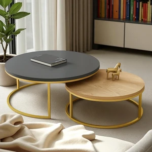 Ikili Gold Metal Orta Sehpa Antrasit Sepet Panel