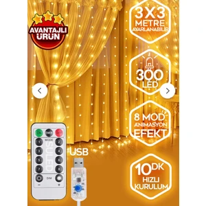 3x3 Dekoratif Peri Perde LED Usbli Kumandalı 300 Ledli Gün Işığı Renginde