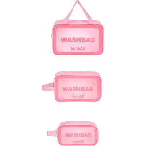 3'lü Set Şeffaf Seyahat Makyaj Çantası - Kozmetik ve Makyaj Çantası 3 Adet Seyahat Çantası Pembe