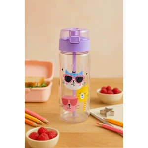 Kedi Desenli Pipetli Suluk 500 Ml, Pipetli Matara 500 ml Gıda Ile Temasa Uygun Polikarbon Bpa Free