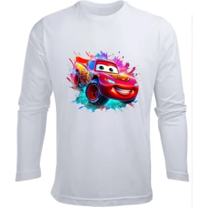 Uzun Kollu Şimşek Mcqueen Renkli Arkafon Baskılı Renkli Pamuklu Çocuk Tişört