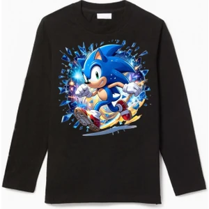 Uzun Kollu Koşan Sonic Baskılı Pamuklu Çocuk Tişört