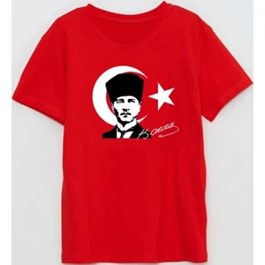 Atatürk Ve Bayrak Baskılı imzalı 29 Ekim cumhuriyet bayramı Pamuklu Yumuşak Kırmızı T-shirt