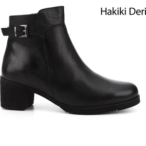 Kadın Siyah Fermuarlı Kalın Topuklu Hakiki Deri Bot