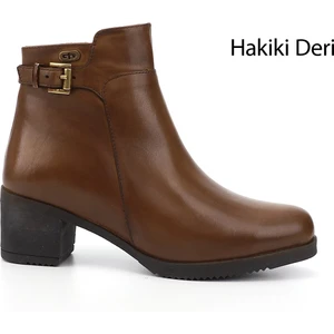 Kadın Taba Fermuarlı Kalın Topuklu Hakiki Deri Bot