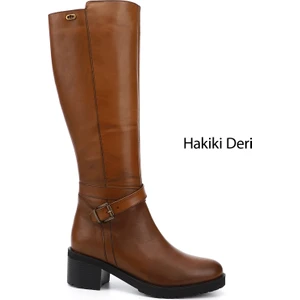Kadın Taba Fermuarlı Kalın Topuklu Hakiki Deri Çizme
