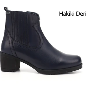 Kadın Lacivert Fermuarlı Kalın Topuklu Hakiki Deri Bot