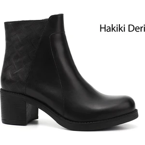 Kadın Siyah Fermuarlı Kalın Topuklu Hakiki Deri Bot