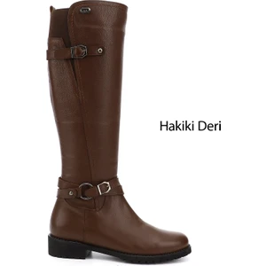 Kadın Kahve Fermuarlı Kauçuk Taban Hakiki Deri Çizme