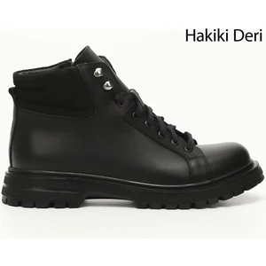 Erkek Siyah Fermuarlı Kauçuk Taban Hakiki Deri Bot