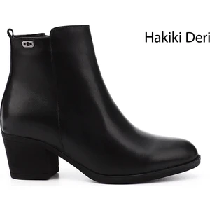 Kadın Siyah Fermuarlı Kalın Topuklu Hakiki Deri Bot