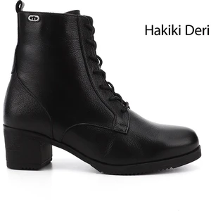 Kadın Siyah Fermuarlı Kalın Topuklu Hakiki Deri Postal Bot