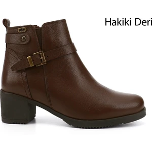 Kadın Kahve Floter Fermuarlı Kalın Topuklu Hakiki Deri Bot