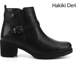 Kadın Siyah Fermuarlı Kalın Topuklu Hakiki Deri Bot