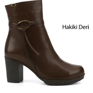 Kadın Kahve Antik Fermuarlı Kalın Topuklu Hakiki Deri Bot