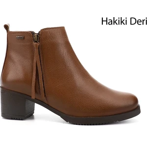 Kadın Taba Fermuarlı Kalın Topuklu Hakiki Deri Bot