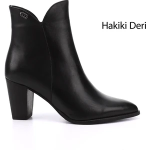 Kadın Siyah Fermuarlı Sivri Burun Hakiki Deri Bot