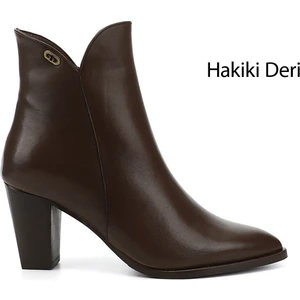 Kadın Kahve Fermuarlı Sivri Burun Hakiki Deri Bot