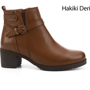 Kadın Taba Fermuarlı Kalın Topuklu Hakiki Deri Bot