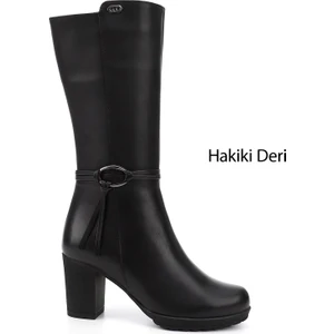 Kadın Siyah Fermuarlı Kalın Topuklu Hakiki Deri Çizme