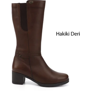 Kadın Kahve Fermuarlı Kalın Topuklu Hakiki Deri Çizme