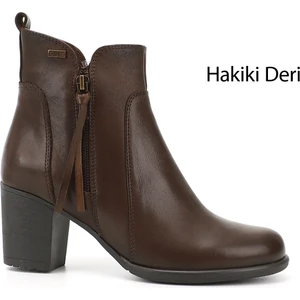 Kadın Koyu Kahve Fermuarlı Kalın Topuklu Hakiki Deri Bot