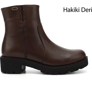 Kadın Kahve Fermuarlı Kalın Topuklu Hakiki Deri Bot