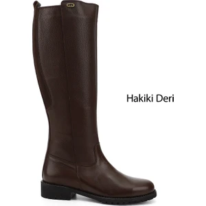 Kadın Koyu Kahve Fermuarlı Kauçuk Taban Hakiki Deri Çizme