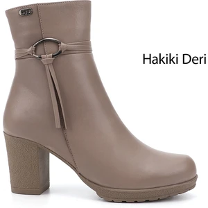 Kadın Bej Fermuarlı Kalın Topuklu Hakiki Deri Bot